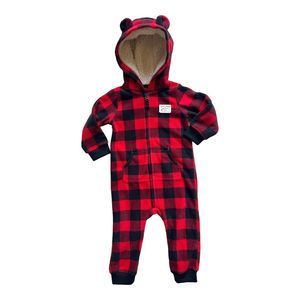 Baby Boys Carters Buffalo Plaid Hooded Coverall Romper w Bear Ears - Sz 12 mo